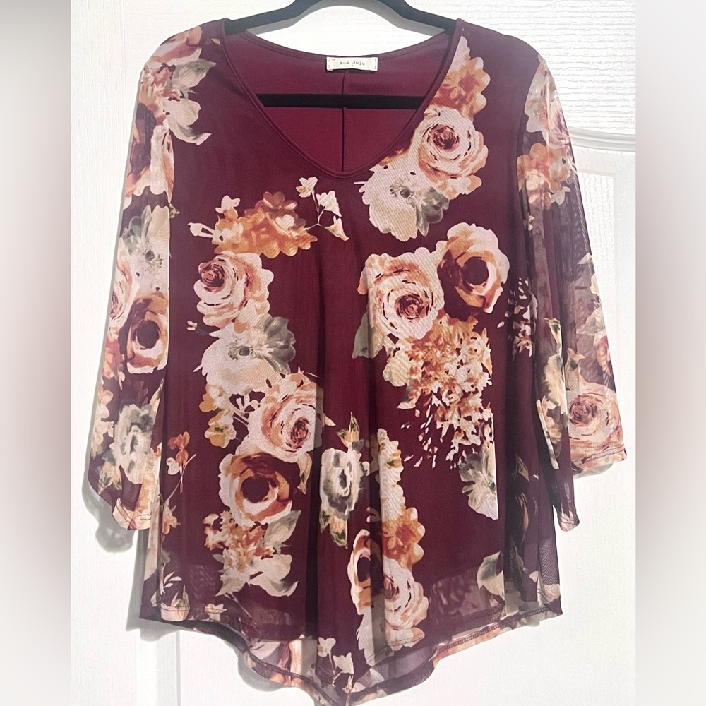 Maroon Floral V-Neckline Sheer Women’s Blouse L